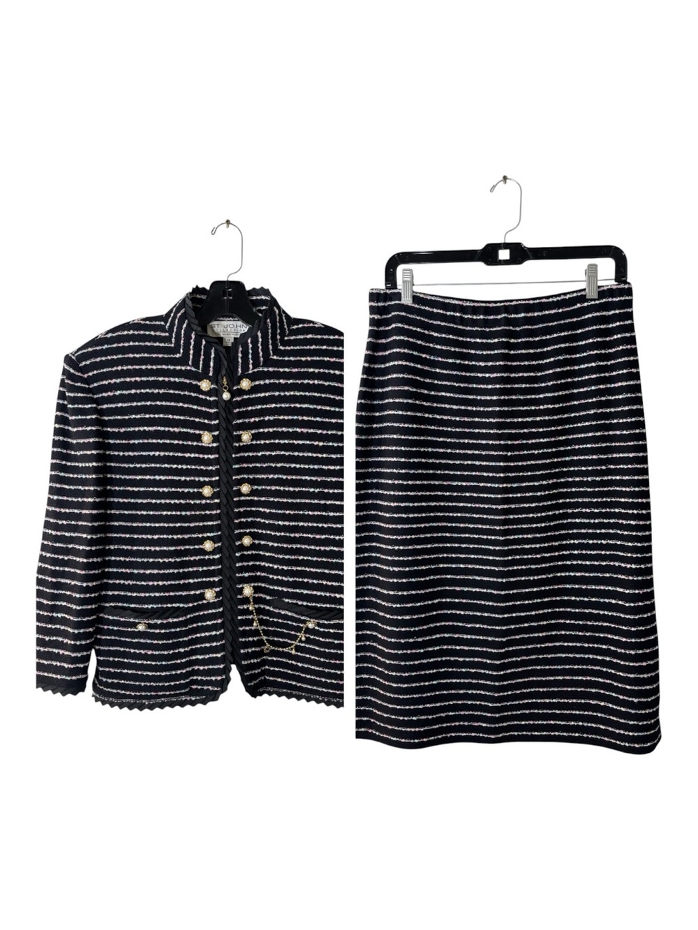 St. John Collection Black and Multicolor Striped Tweed Blazer & Skirt Set